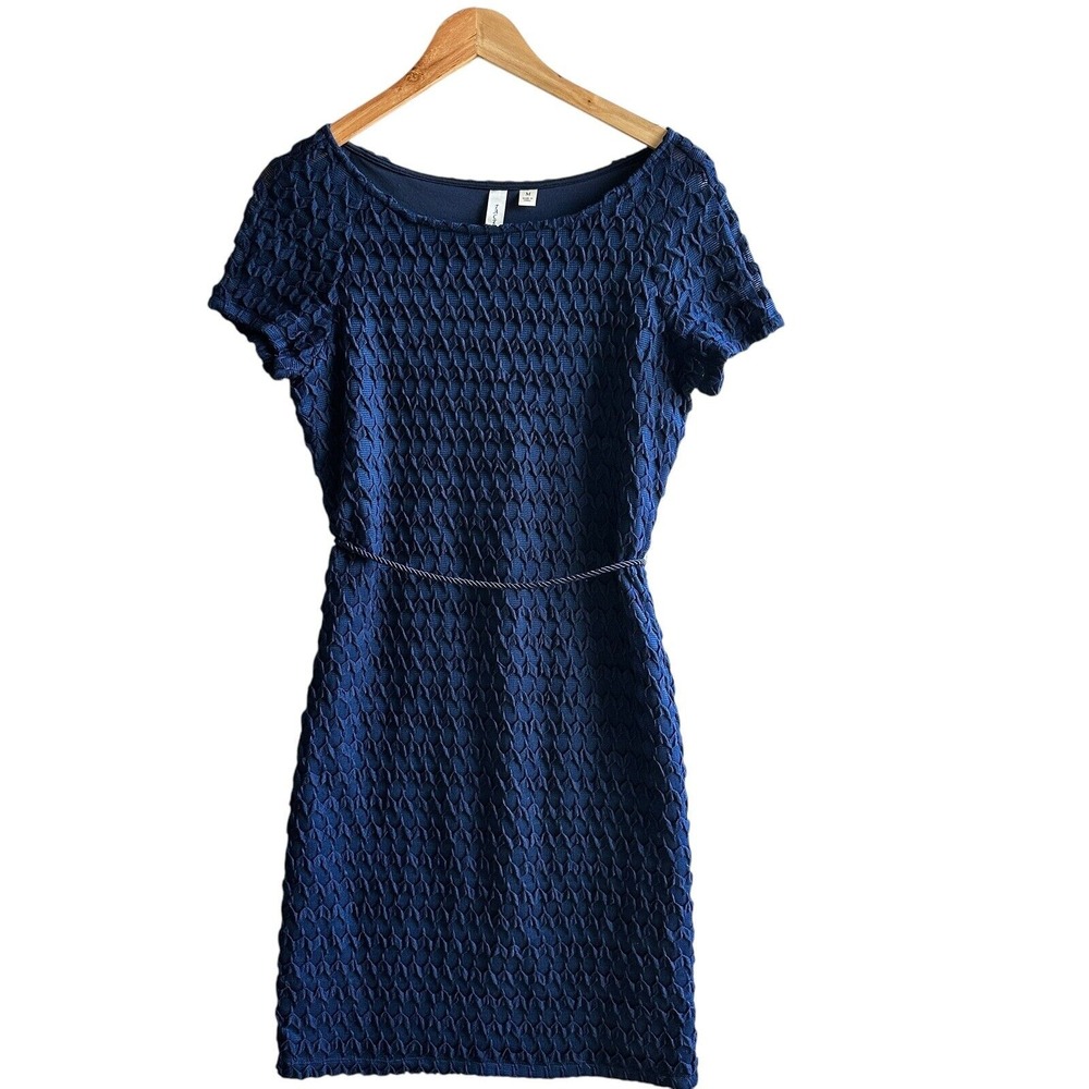 Tacera Shift Dress Navy Textured Knit Belted Cocktail Medium Party
